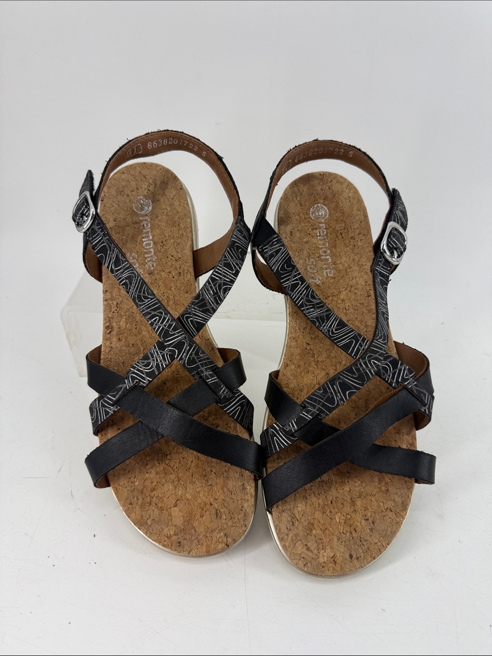 REMONTE Black Patterned Strappy Cork Footbed Sandals